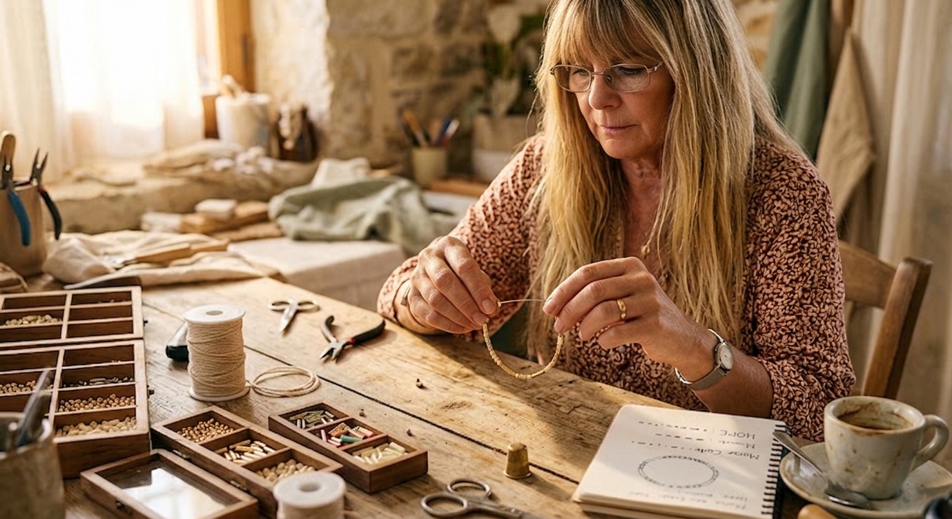 Lindy at her workbench, late morning light