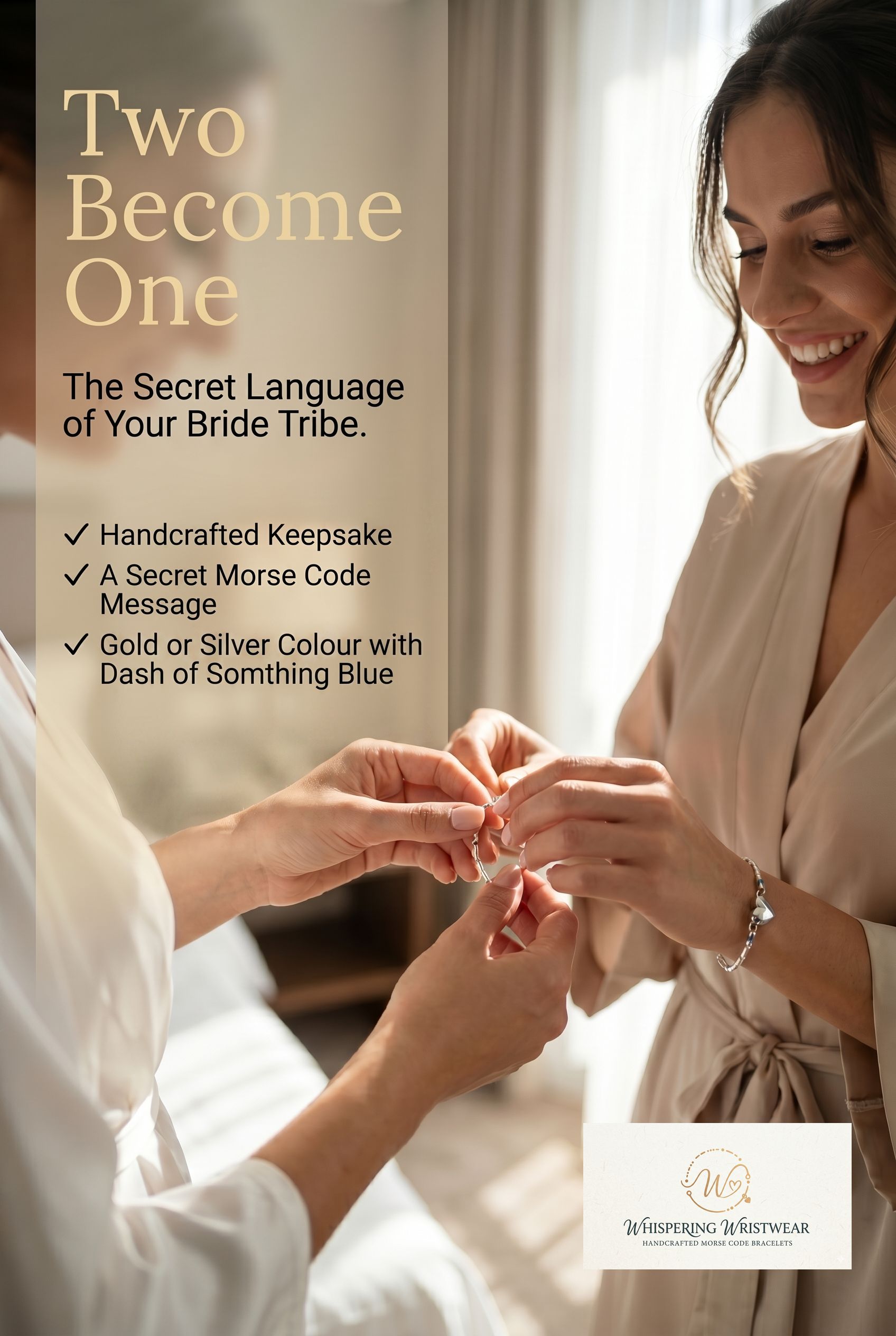 The 'Two Become One' Bracelet — handmade Morse code bracelet spelling "two become one" · Whispering Wristwear